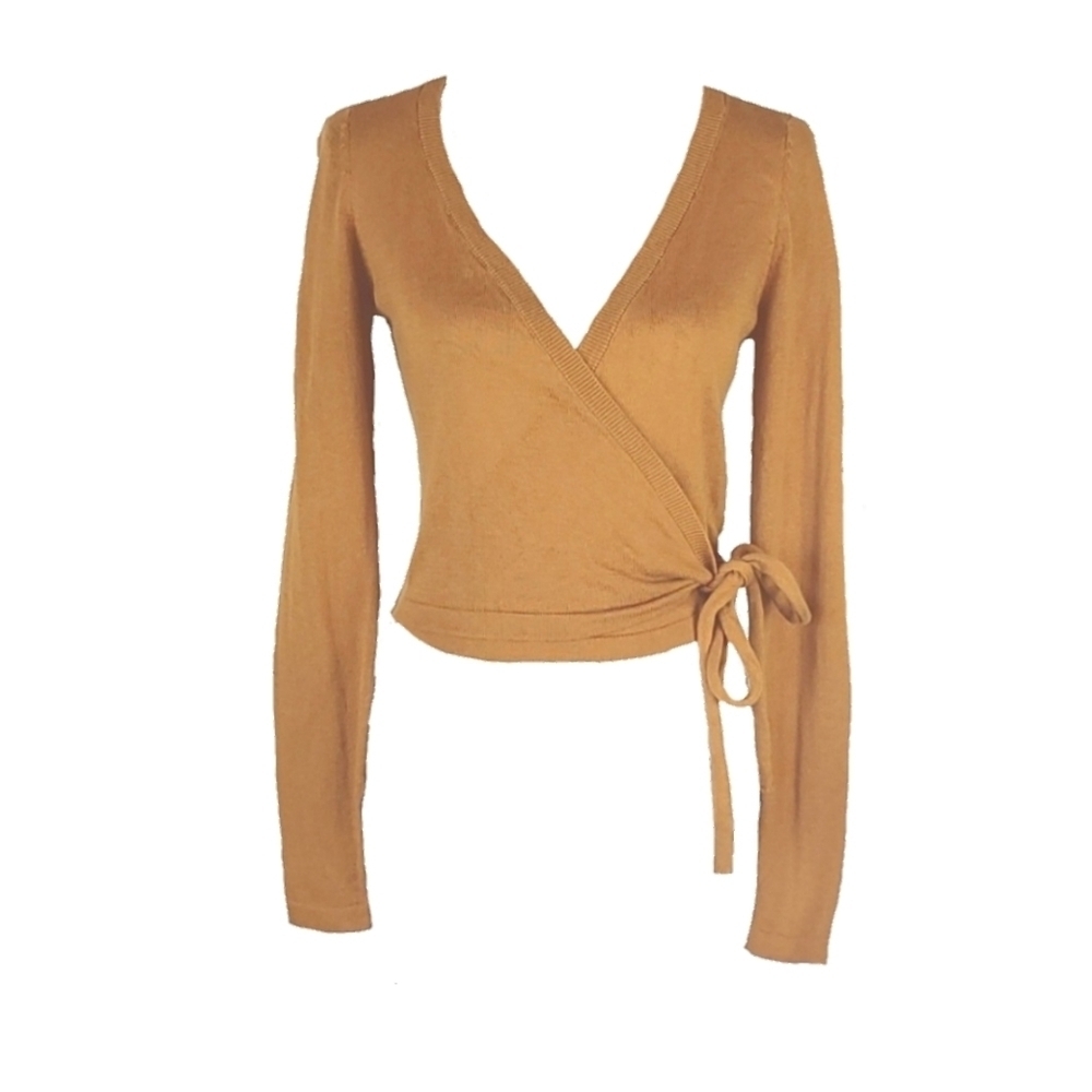 Sienna BrownWestern Wrap Top Longsleeve Knit Deep V-neck Rich Tan Shirt, S